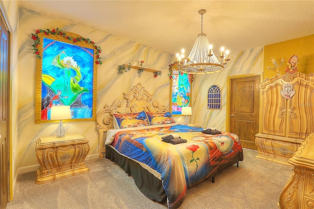 carpeted bedroom with a notable chandelier