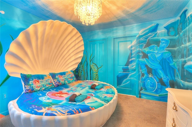 bedroom with carpet flooring, a textured ceiling, and a notable chandelier