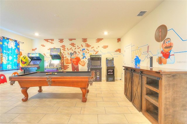 recreation room with light tile patterned floors and billiards