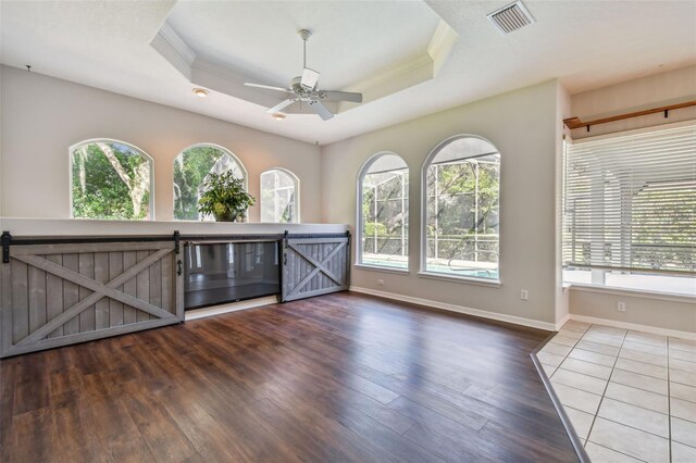 spare room with a raised ceiling, dark hardwood / wood-style flooring, and a wealth of natural light