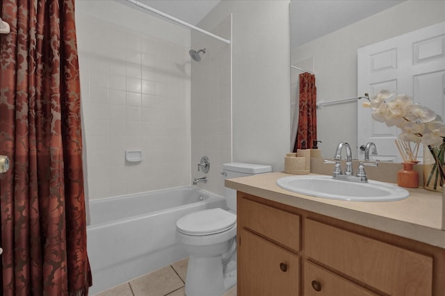 full bathroom with vanity, shower / bath combo, toilet, and tile patterned floors