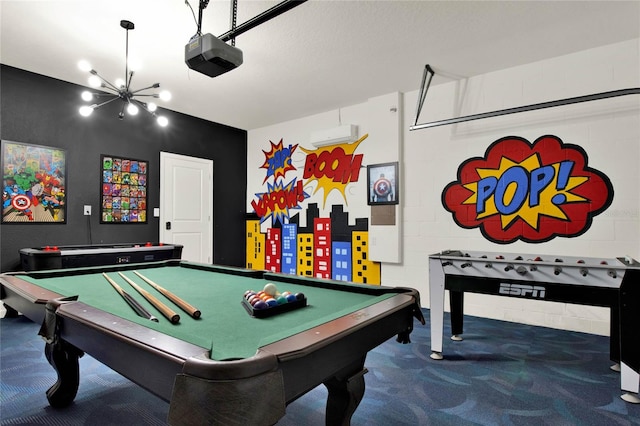 recreation room with carpet, a chandelier, and billiards