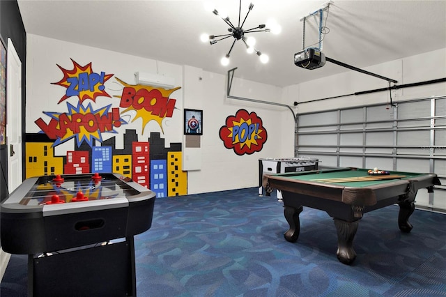 rec room featuring a notable chandelier and billiards