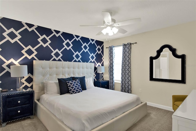 bedroom with light colored carpet and ceiling fan