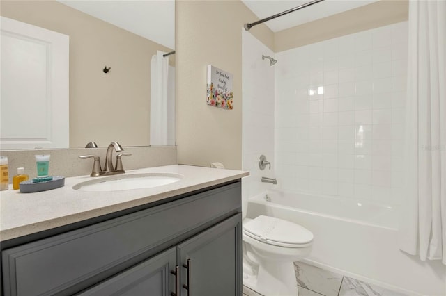 full bathroom with vanity, toilet, and shower / bathtub combination with curtain