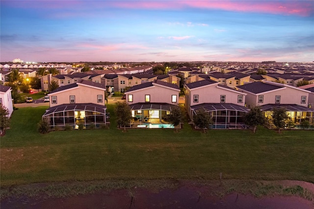 view of aerial view at dusk