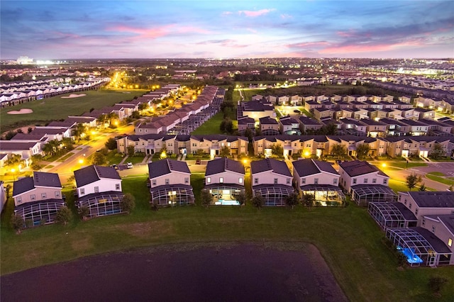 view of aerial view at dusk