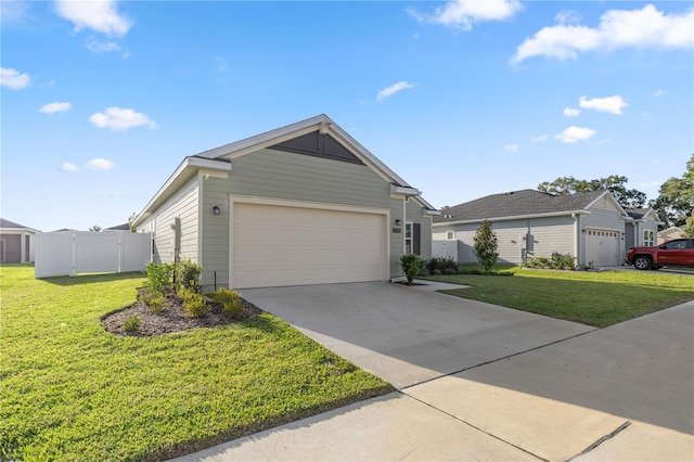 ranch-style house with a garage and a front lawn