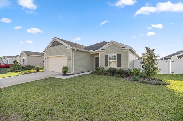 single story home with a front yard, an attached garage, driveway, and fence