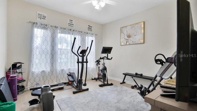 workout room with ceiling fan