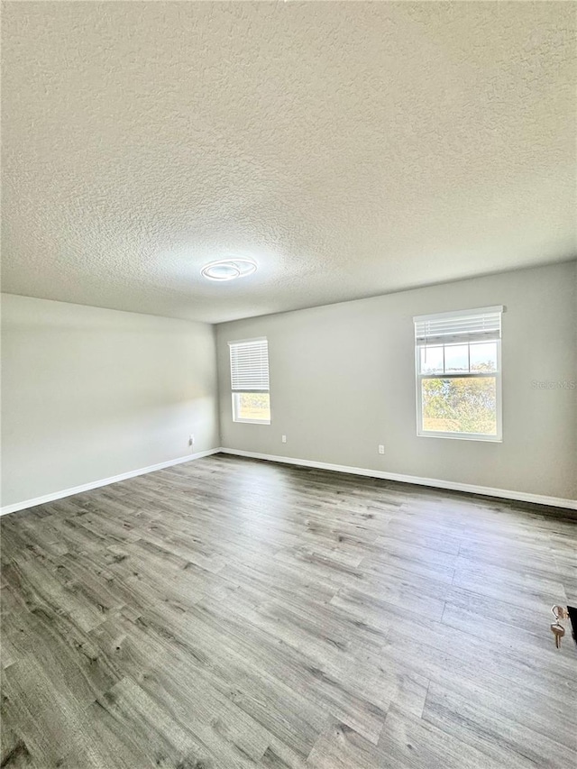 unfurnished room with a wealth of natural light, a textured ceiling, and light wood-type flooring