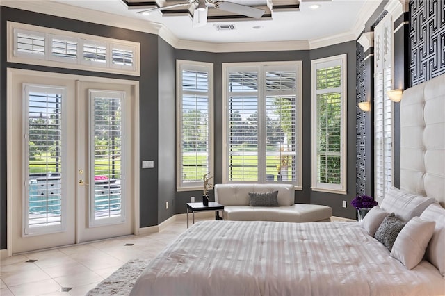 tiled bedroom with multiple windows, access to outside, crown molding, and ceiling fan