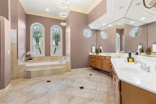 bathroom featuring vanity, tiled bath, tile patterned flooring, and ornamental molding