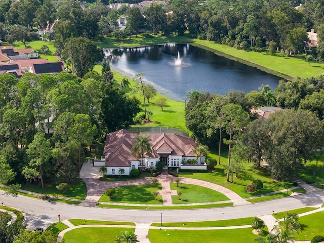 drone / aerial view with a water view