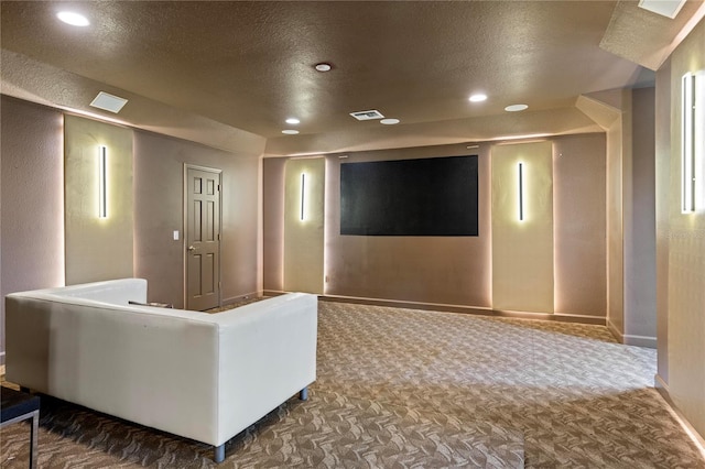 cinema room with a textured ceiling