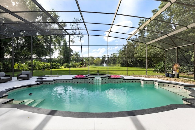 view of swimming pool featuring an in ground hot tub, a yard, a lanai, and a patio area