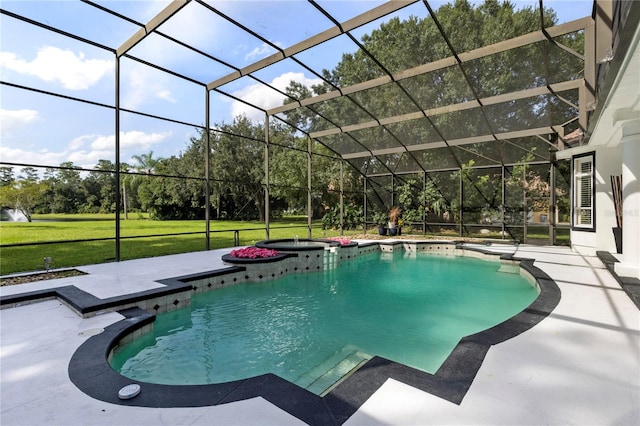 view of swimming pool with an in ground hot tub, glass enclosure, a patio, and a lawn