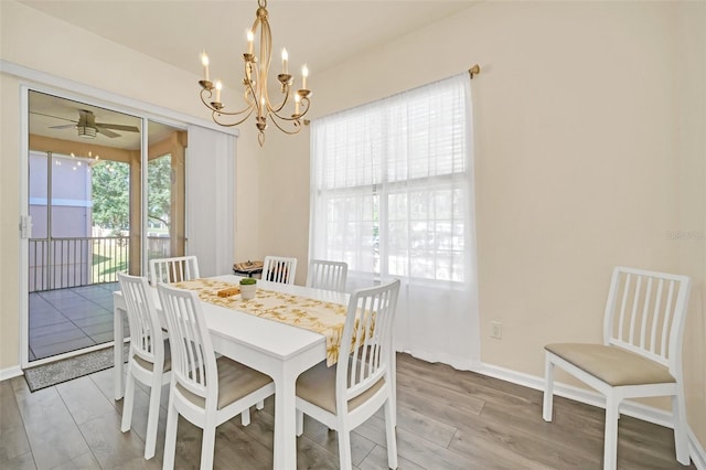 dining room featuring ceiling fan with notable chandelier and light hardwood / wood-style flooring