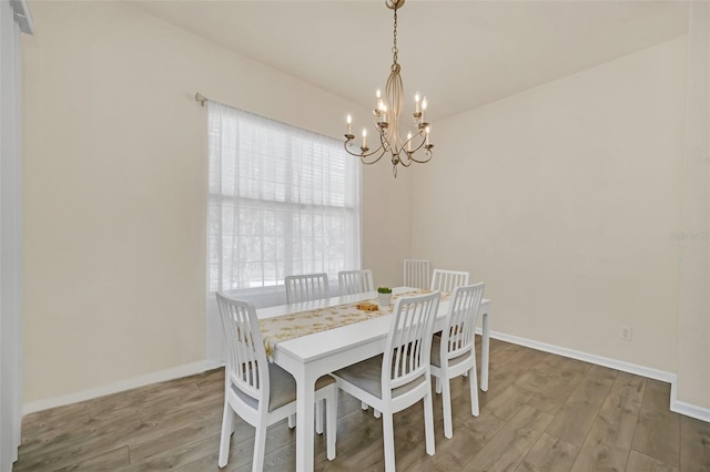 dining room featuring wood-type flooring and a notable chandelier