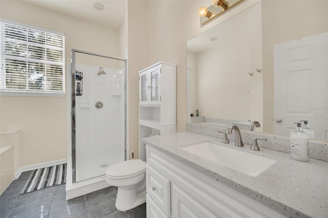 bathroom with vanity, tile patterned floors, toilet, and a shower with shower door