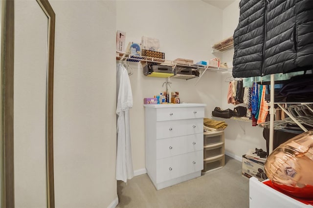 walk in closet with light carpet