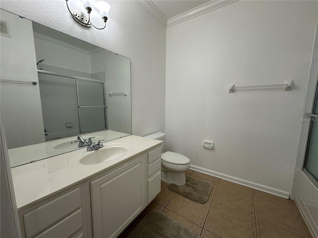 full bath with tile patterned floors, an enclosed shower, toilet, ornamental molding, and vanity