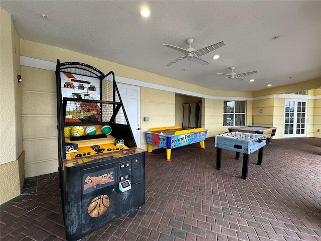 game room featuring recessed lighting, visible vents, brick floor, and billiards