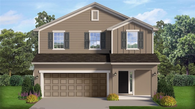 view of front of house featuring an attached garage, a shingled roof, board and batten siding, and driveway