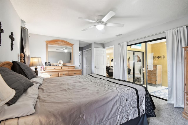 bedroom with access to outside, a closet, carpet flooring, and ceiling fan