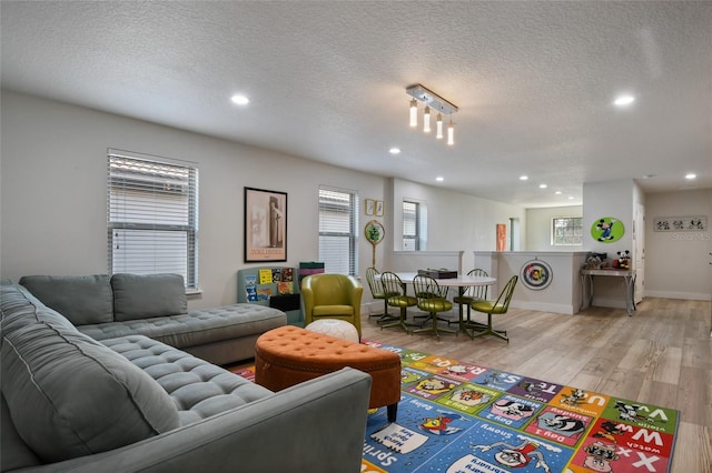 living room with light hardwood / wood-style flooring and a textured ceiling