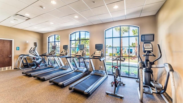 workout area featuring a paneled ceiling and plenty of natural light