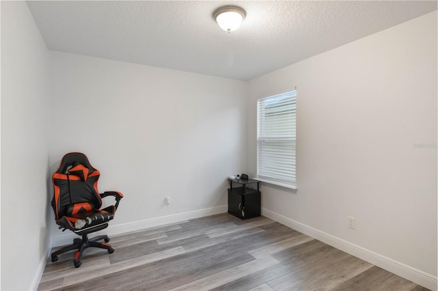 office with light wood-type flooring and a textured ceiling