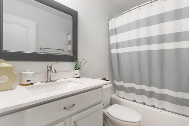 full bathroom with vanity, toilet, and shower / bathtub combination with curtain