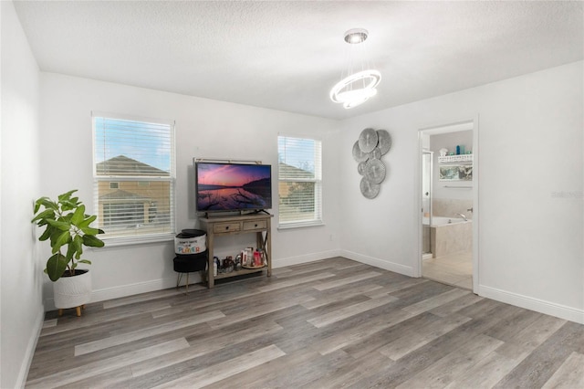 living room with wood-type flooring, a healthy amount of sunlight, and a textured ceiling