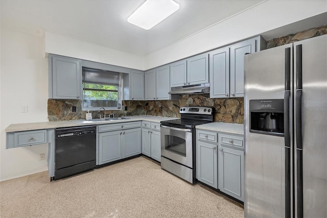 kitchen featuring gray cabinetry, stainless steel appliances, backsplash, and sink