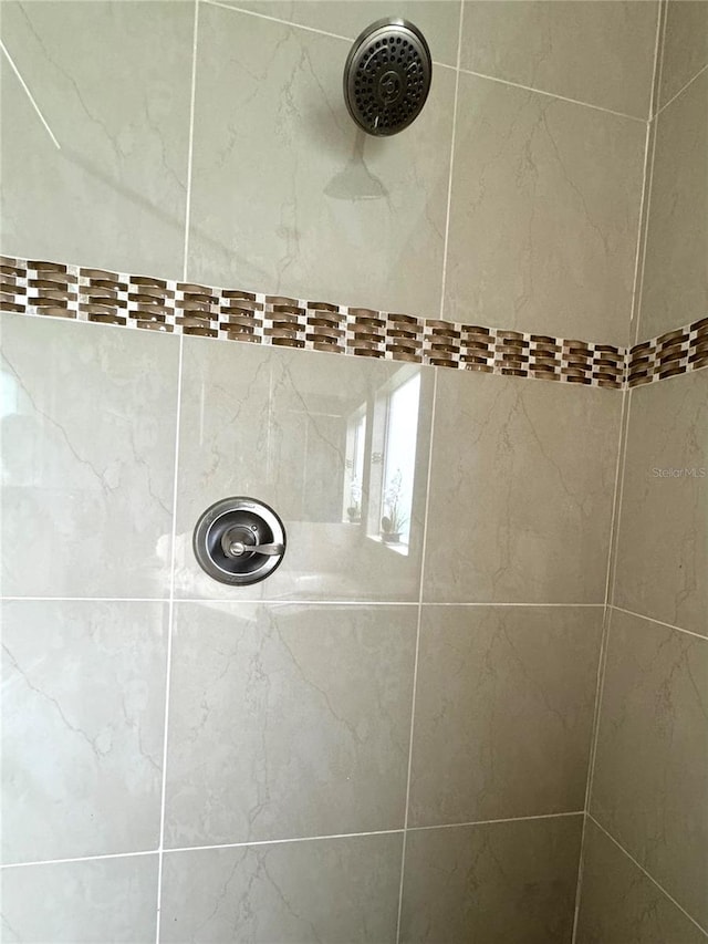 interior details featuring a tile shower