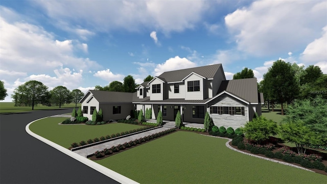 view of front facade with a front lawn, a porch, metal roof, and stone siding