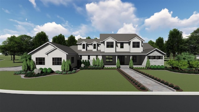 view of front of house with board and batten siding, covered porch, and metal roof