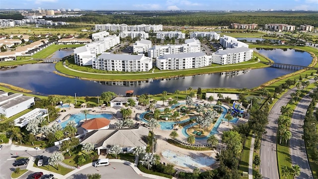 bird's eye view with a water view