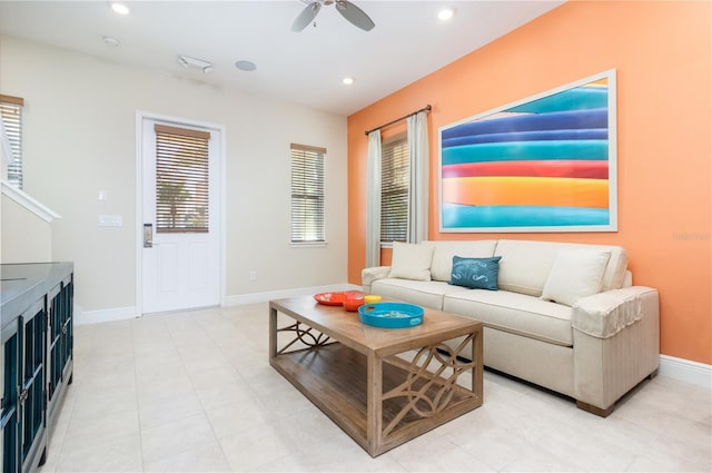 living room with ceiling fan