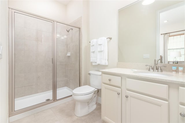 bathroom featuring tile patterned floors, a shower with shower door, vanity, and toilet