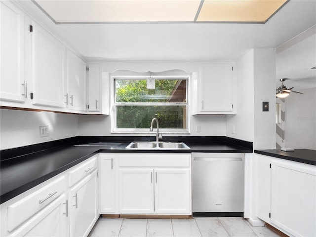 kitchen with white cabinets, dishwasher, ceiling fan, and sink