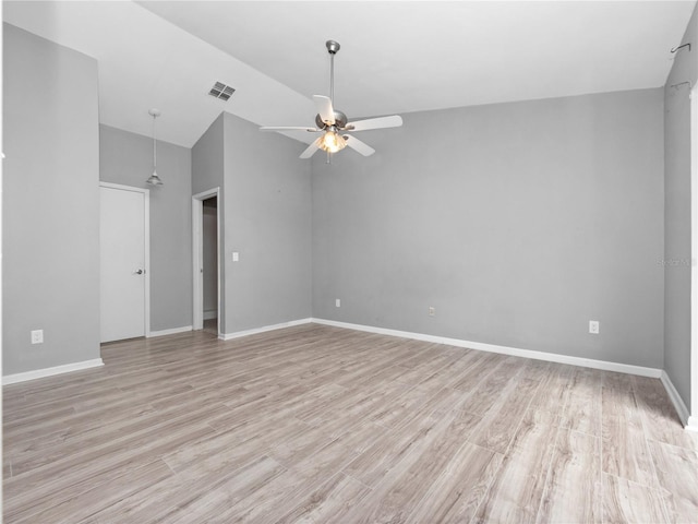 unfurnished room with light hardwood / wood-style flooring, ceiling fan, and high vaulted ceiling