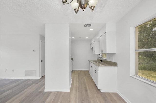 interior space featuring white cabinets, light hardwood / wood-style floors, a textured ceiling, and sink