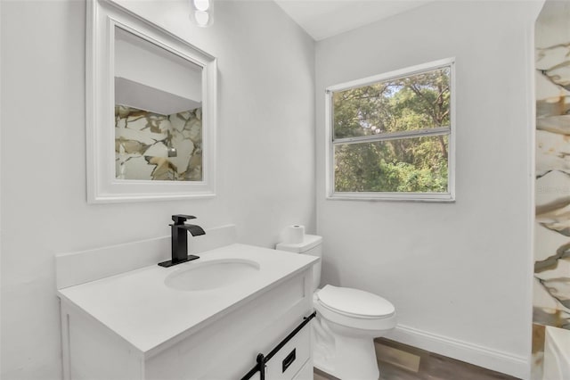 bathroom with vanity, toilet, and hardwood / wood-style flooring