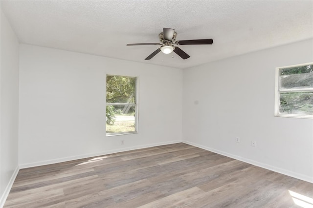 unfurnished room featuring light wood-type flooring, ceiling fan, and a textured ceiling