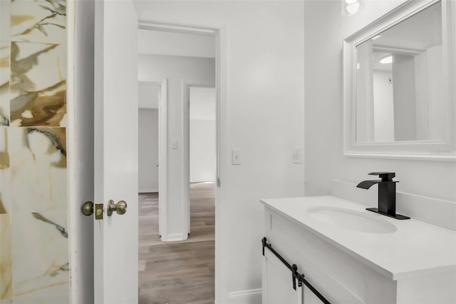 bathroom with hardwood / wood-style floors and vanity