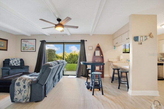 3150 N Atlantic Ave Unit 3-550, Cocoa Beach, FL 32931 - living room featuring beamed ceiling, light wood finished floors, a ceiling fan, and baseboards