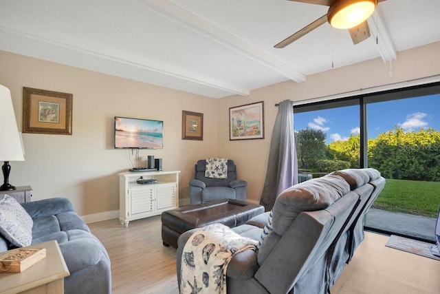 living room with light wood-type flooring, beam ceiling, and ceiling fan