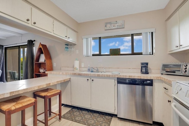 kitchen with white cabinets, light hardwood / wood-style flooring, plenty of natural light, and stainless steel dishwasher